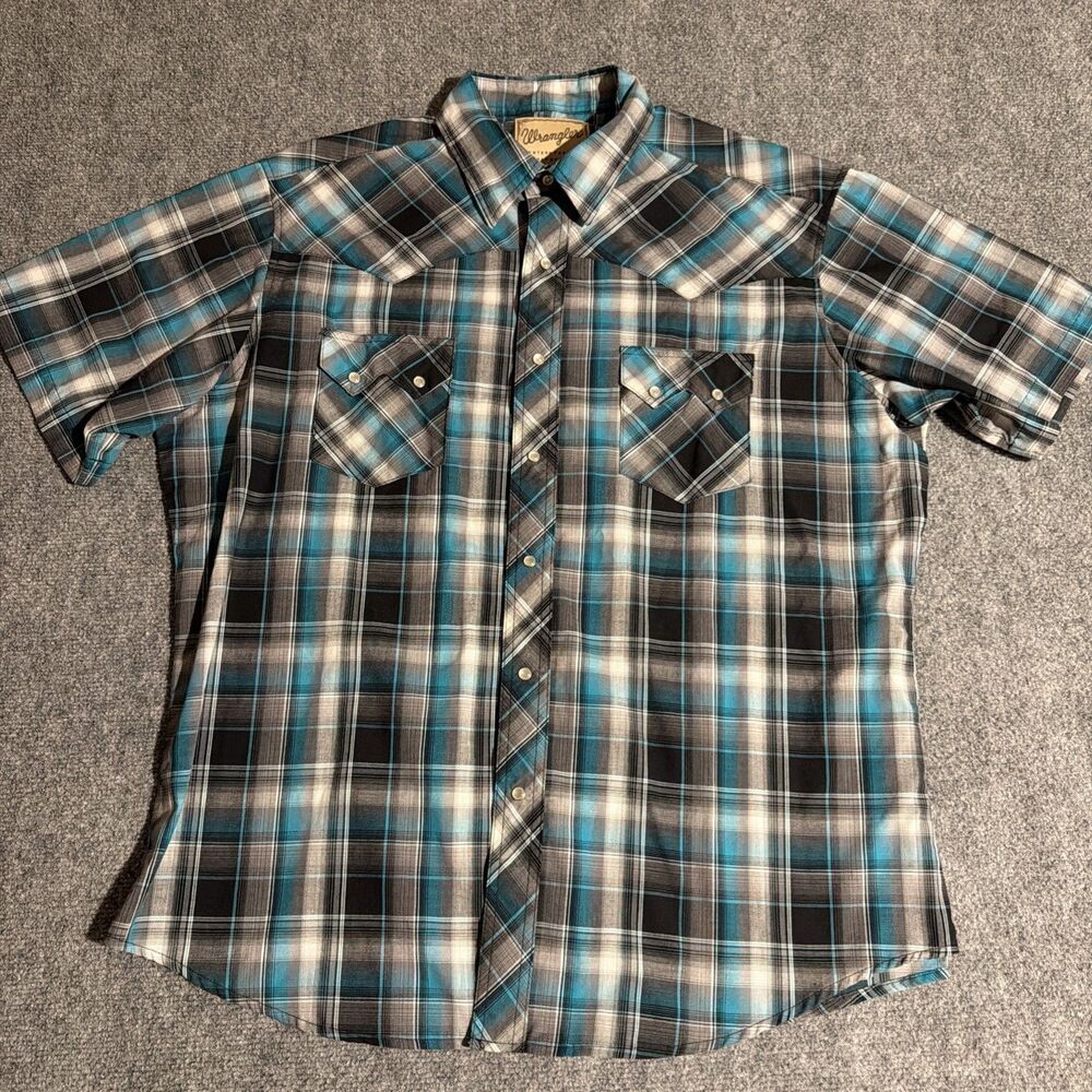 Wrangler Western Pearl Snap Shirt Mens Extra Large Blue Plaid Short Sleeve